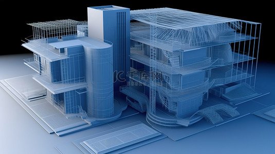 城市太阳能背景图片_生态友好型建筑设计的蓝图和 3D 渲染