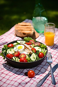 车站配餐背景图片_野餐时餐桌上的彩色沙拉配新鲜西红柿
