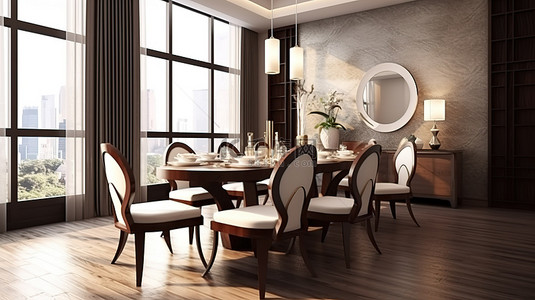 现代棕色餐厅配有豪华餐桌椅 3D 渲染