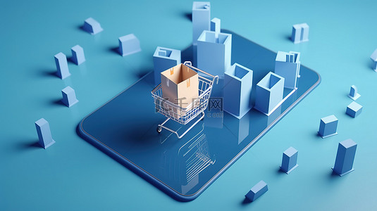 蓝色电子商务背景背景图片_蓝色背景，带有装有智能手机盒购物袋和位置图标的购物车的 3D 渲染