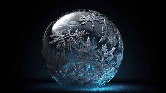 黑色背景冬季仙境球花环和冰冷的球体与霜冻图案 3D 插图