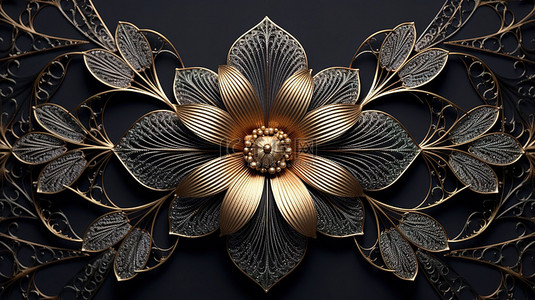 黑色 3D 插图上的细丝金线金属花，引人注目的装饰背景