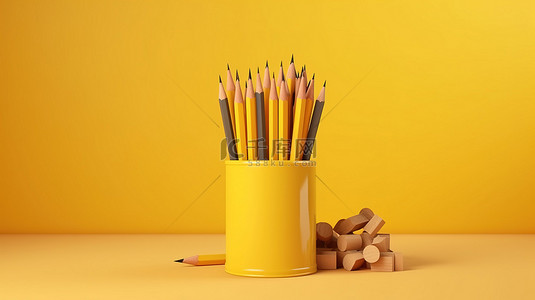 黄墙上铅笔的创意学习 3D 渲染