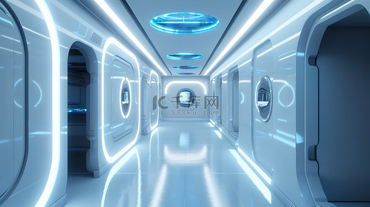 未来太空背景图片_未来派走廊内部迷人的 3d 渲染