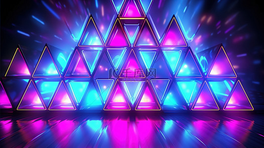 动态俱乐部风格豪华霓虹灯和充满活力的色调的三角形图案 3D 插图