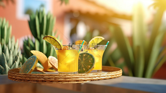 墨西哥仙人掌背景图片_墨西哥风格的露台，配有夏日玛格丽塔鸡尾酒日光浴床和仙人掌 3D 渲染