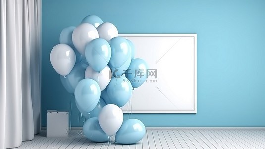 老人生日庆典图片背景图片_蓝色和白色气球在蓝色内部的蓝色板上的 3D 渲染
