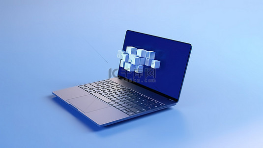 618收藏有礼背景图片_在 3D 充满活力的蓝色背景上时尚地描绘笔记本电脑和 Facebook 徽标