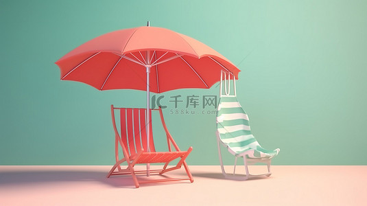 夏日海滩背景海报背景图片_暑假必需品沙滩椅遮阳伞和沿海元素的最小 3D 渲染