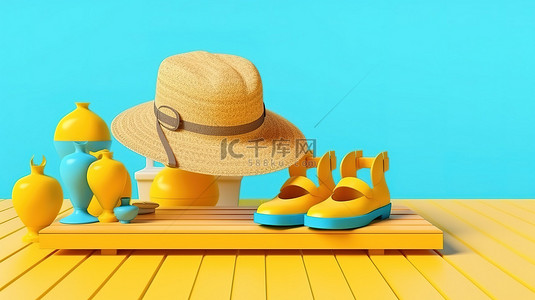 阳光明媚的木板路上的夏季度假必需品 3D 渲染图像