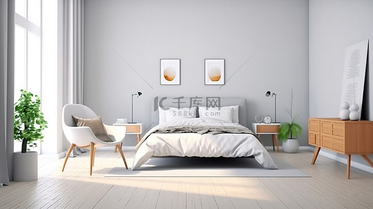 各种彩旗装饰元素背景图片_现代斯堪的纳维亚室内优雅的家具装饰，最小的卧室 3D 渲染