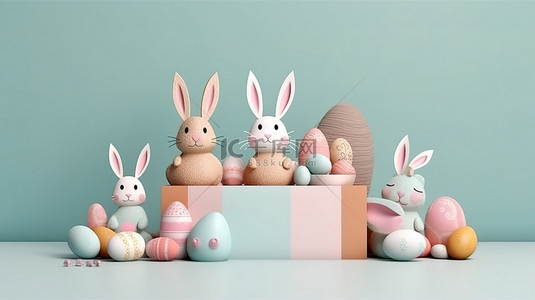 庆祝复活节背景图片_用兔耳讲台庆祝复活节打开礼品盒和复活节彩蛋分类 3D 渲染