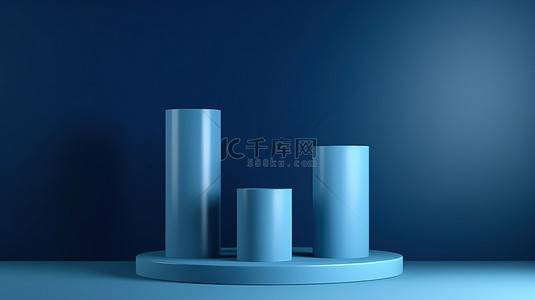 时尚的深蓝色讲台支架设置在海蓝色背景下，非常适合展示产品 3D 渲染