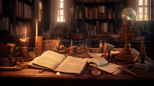 复古艺术背景图片_中世纪背景中的古董文学数字艺术，桌上有陈旧的纸张和书籍