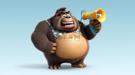 一个体重过重的滑稽 3D 大猩猩人物，一边抓着松饼一边用扬声器说话
