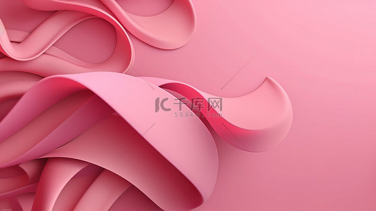 粉红色背景上乳腺癌意识月粉红丝带海报的 3D 渲染插图