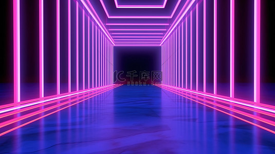 虚拟紫外线室 3D 呈现粉色和蓝色的几何形状和霓虹灯线