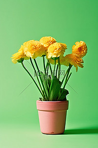 玫瑰绿色背景图片_绿色背景中坐在花盆里的黄色花朵