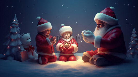 遇见十二月背景图片_孩子们在节日 3D 渲染中遇见圣诞老人