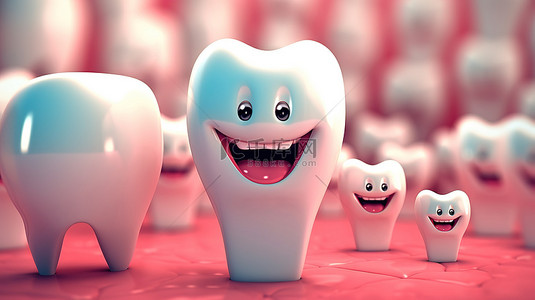 带种植牙的卡通人物描绘牙科检查健康和卫生的重要性 3D 插图