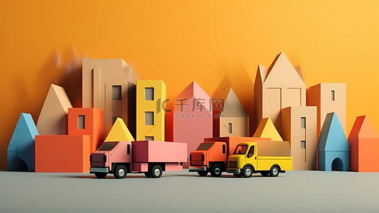 具有复制空间的送货和物流主题中的卡车和箭头的 3D 插图