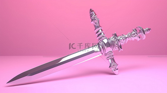 粉色背景下神秘而迷人的银剑 3D 描绘，唤起中世纪精神