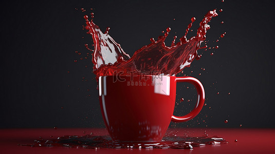 逼真的红色咖啡杯呈现飞溅的咖啡，非常适合产品展示