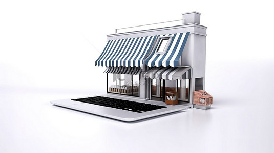 收藏本店标签背景图片_在白色背景 3D 渲染上显示购物车和店面的数字零售笔记本电脑