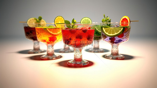 3d 渲染的水果鸡尾酒装在玻璃器皿中