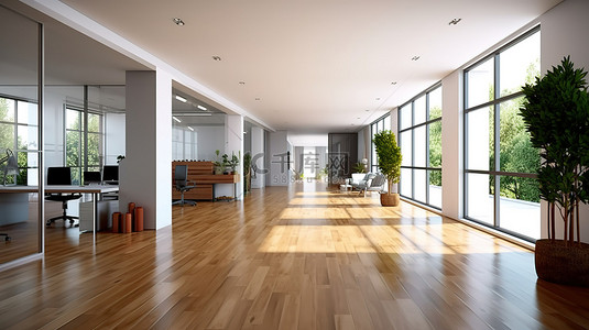 企业内部背景图片_现代办公室入口设有木地板和 3D 可视化的高效工作空间内部