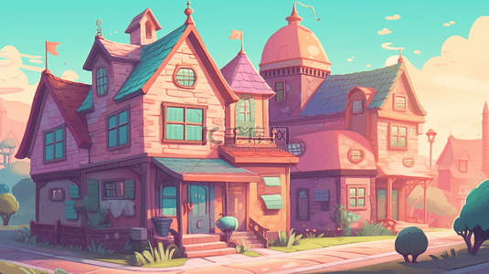 卡通大树粉色背景图片_漂亮的房子插画卡通建筑背景