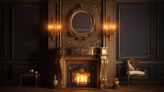 卧室壁炉背景图片_带经典壁炉的复古夜室 3D 渲染
