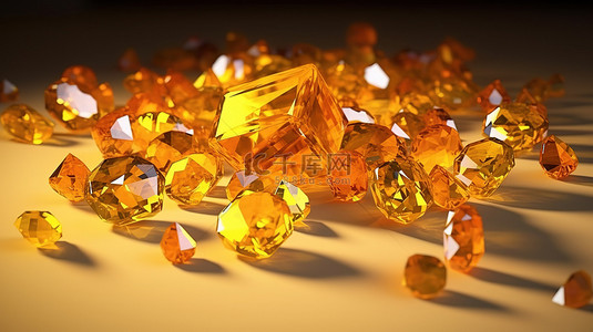 爱1背景图片_1 各种形状和颜色的黄水晶宝石的 3D 渲染