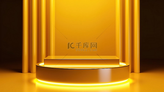 金色简约背景的顶视图与霓虹黄色 3D 产品展示讲台架