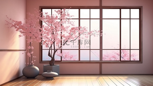 樱花树背景图片_日本主题房间，窗户可欣赏樱花树的 3D 渲染内饰