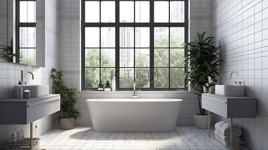 斯堪的纳维亚风格的现代浴室内饰，配有白色瓷砖和窗户 3D 渲染
