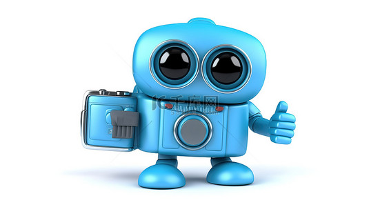 读书的背景图片_蓝书人物吉祥物手持现代数码相机的 3D 渲染白色背景