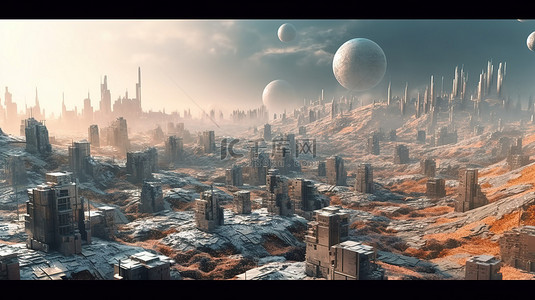 以尖端建筑和基础设施 3D 渲染为特色的外星社会先进城市大都市