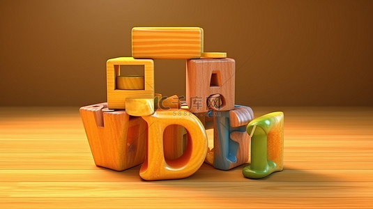 儿童木制字母块玩具与符号的 3D 渲染