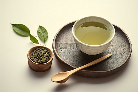 一杯绿茶背景图片_盘子上放着一杯和一勺绿茶