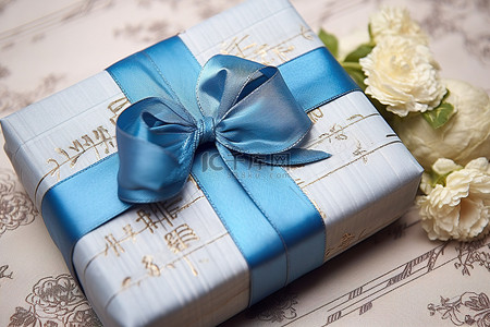 蓝丝带纸质包装盒，附有汉字背景照片