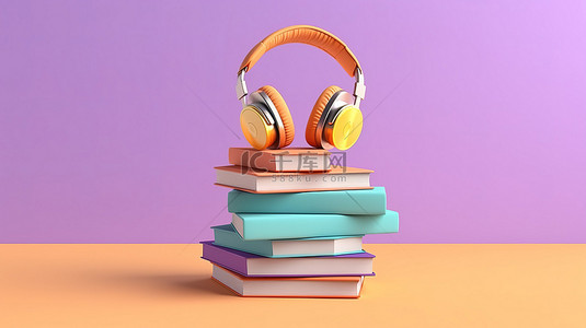 有声读物概念 3D 渲染耳机在柔和的紫色背景下的一堆书上