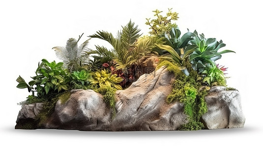 绿化景观背景图片_郁郁葱葱的植物周围的岩石切口非常适合景观设计包括剪贴蒙版3D 渲染
