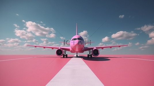 粉色飞机从着陆跑道起飞的最小 3D 渲染，前视图