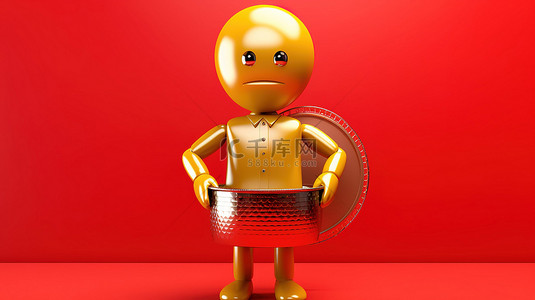 红色奖杯背景图片_持有金奖奖杯的人物吉祥物的 3D 渲染，黄色背景上带有红色禁止标志
