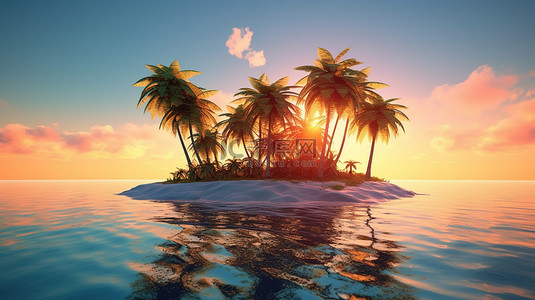 海洋日落中棕榈覆盖的岛屿的热带天堂 3D 渲染
