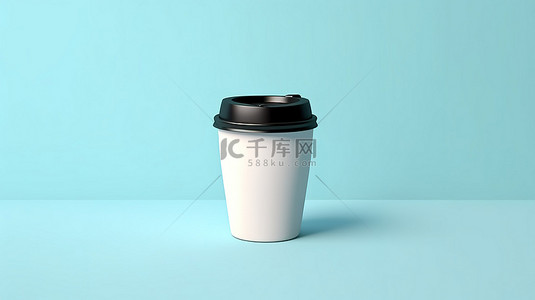 蓝色背景下 3D 模型中带黑色盖子的小白咖啡杯