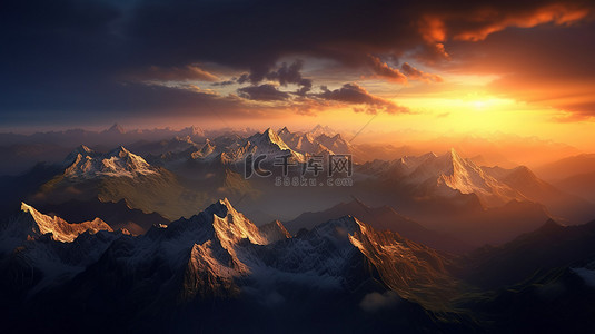 引人注目的日落期间雄伟高海拔山脉的 3D 渲染背景