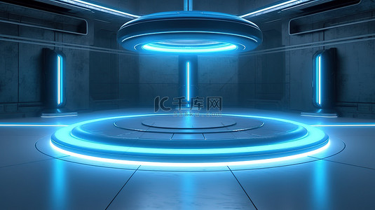 反光混凝土房间的 3D 渲染，带有霓虹蓝色的未来派光芒