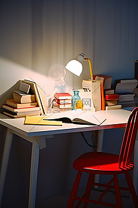 有书的桌子背景图片_一张白色的桌子，上面有椅子和书